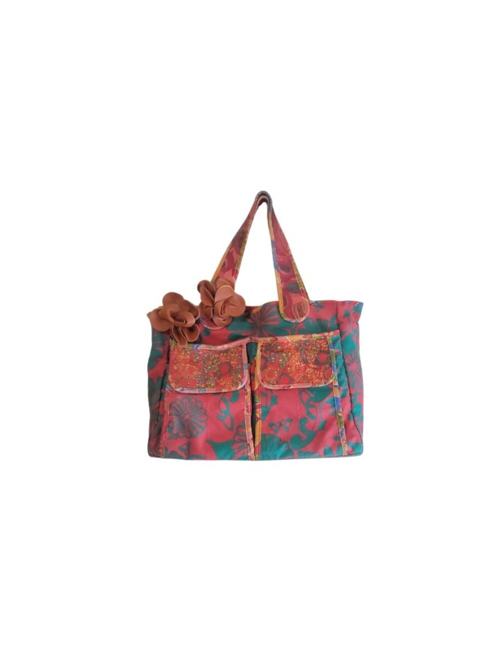 Colorful Vtg Loop Tropical Floral Tote Bag Octopus Lining Front Pockets Whimsica